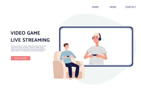 Landing page template with video tutorial computer game a vector flat Stock Illustration