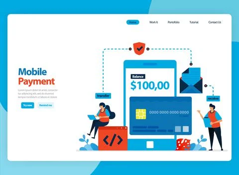 Landing page vector design for mobile payment system and cashless protection  Stock Illustration