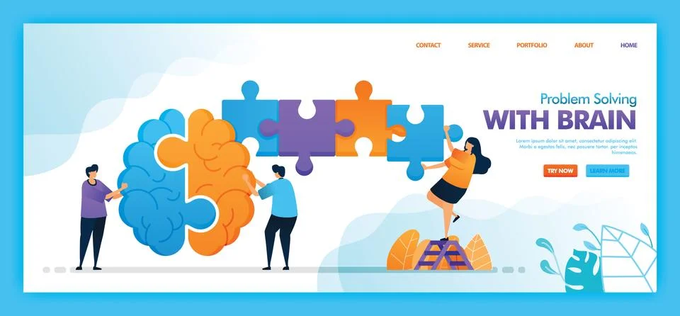 Landing page vector design of problem solving with brain. Easy to edit and cu Stock Illustration