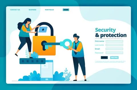 Landing page vector design of security and protection. Design for website, we Stock Illustration