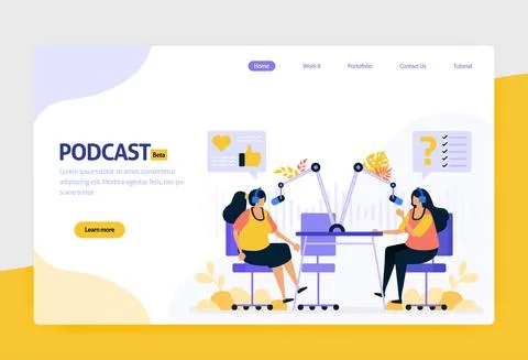 Landing page vector flat design illustration of podcast broadcasting. interne Stock Illustration