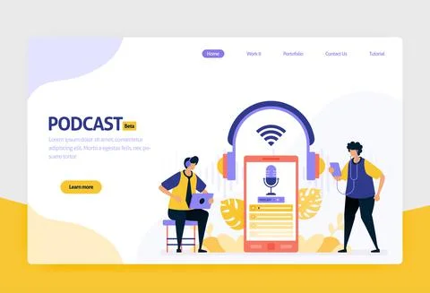 Landing page vector flat design illustration of podcast broadcasting. interne Stock Illustration