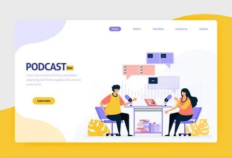 Landing page vector flat design illustration of podcast broadcasting. interne Stock Illustration