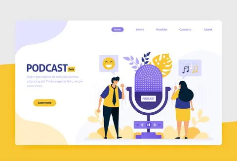 Landing page vector flat design illustration of podcast broadcasting. interne Stock Illustration