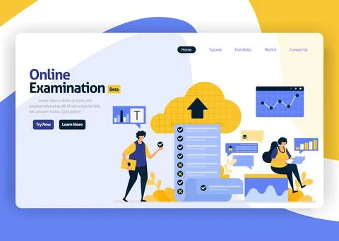 Landing page vector flat design illustration of online exams with a question  Stock Illustration