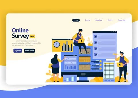Landing page vector flat design illustration of online survey for business us Stock Illustration
