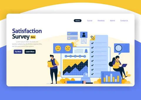 Landing page vector flat design illustration of satisfaction surveys with emo Stock Illustration
