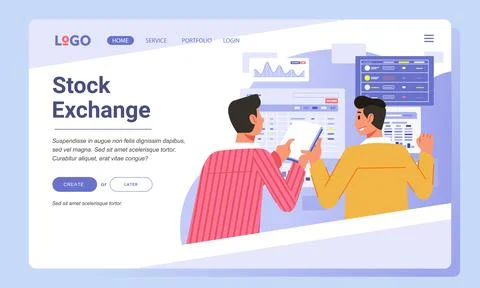 Landing page vector illustration of two men discuss and analyze many charts o Stock Illustration