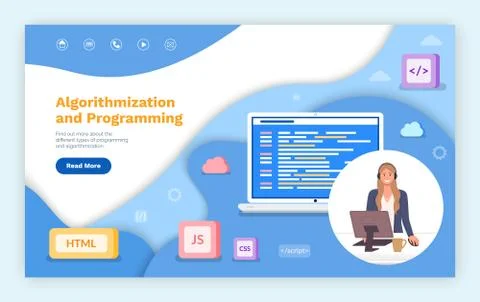 Landing page of website, algorithmization and programming, html, js, css, script Stock-Illustration