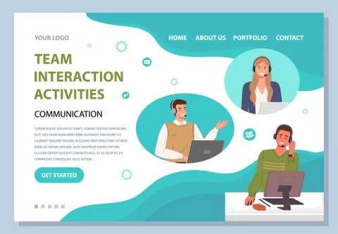 Landing page of website, team interaction activities, communication, colleagues 스톡 일러스트