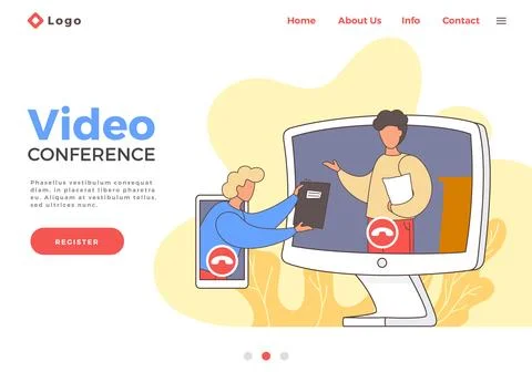 Landing page of website, two workers talking with video conference, using video 스톡 일러스트