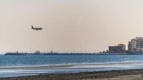 Landing plane in Larnaca Stock Photos