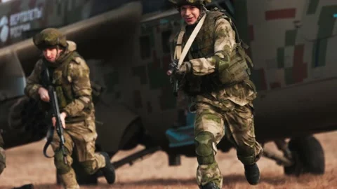 Landing special forces troops from a helicopter. Multi-purpose an attack Stock Footage 173094001