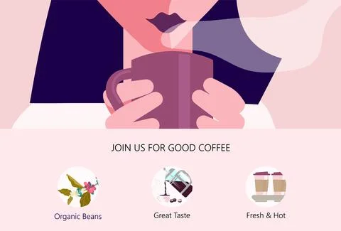 Landing web page template with Beautiful Girl with Cup of coffee. A hot bever Stock Illustration