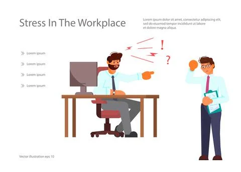 Landing web page template with Boss scolds and pointing index finger at emplo Stock Illustration