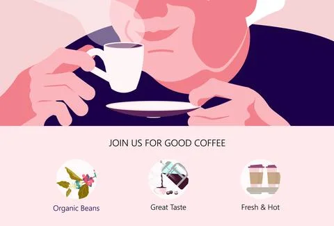 Landing web page template with Old Lady with Cup of coffee. A hot beverage Co Stock Illustration