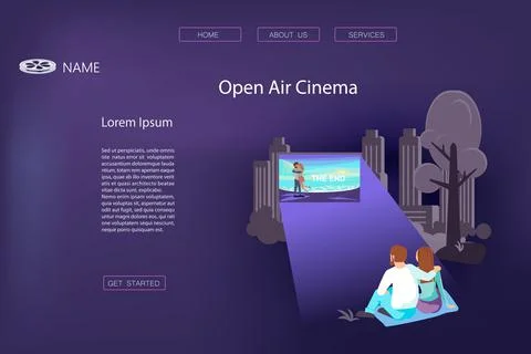 Landing web page template with Open air cinema concept. Love pair is relaxing Ilustração Stock