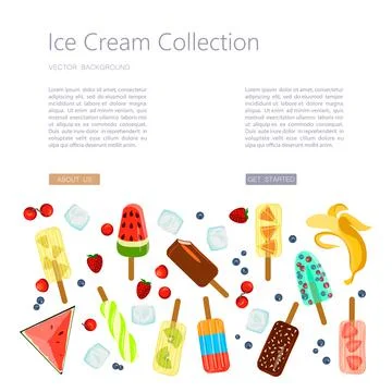 Landing web page template with Popsicles berries, fruits and vanilla ice-crea Stock Illustration