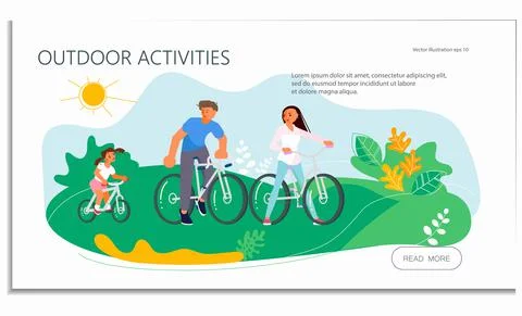 Landing web page template with Summer outdoor activity cycling. Family togeth Illustrazione stock