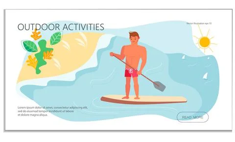 Landing web page template with Young man have summer vacation on sea. Stand U Stock Illustration