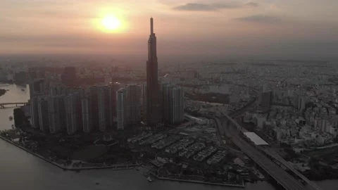Landmark 81 in front of sunset Stock Footage 161333008