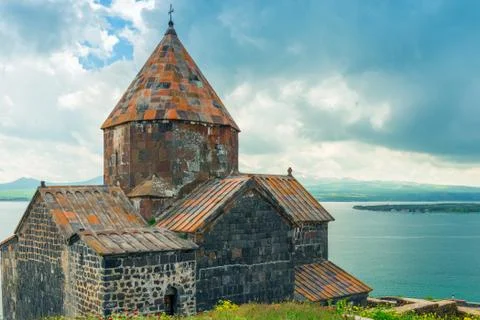Landmark of Armenia and the city of Sevan Sevanavank monastery on the lake on 스톡 사진