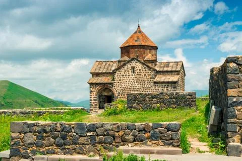 Landmark of Armenia Sevanavank Monastery in the city of Sevan near the lake Stock Photos