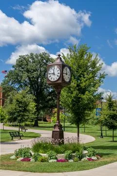 Landmark Clock and Path on the Campus of the University of Wisconsin-Eau Clai Stock Photos
