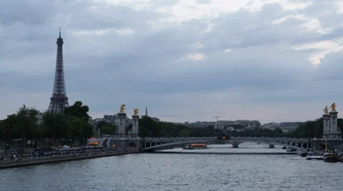 Landmark Famous Eiffel Tower Paris Seine River Alexander III Bridge Traffic Dusk Stock Footage 31932516