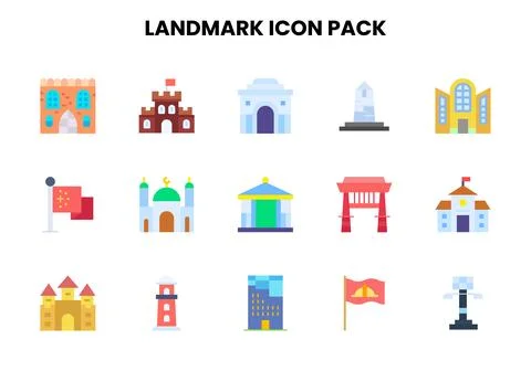 Landmark Flat Bundle Icons Pack Stock Illustration