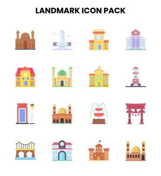 Landmark Flat Collection Icons Pack Stock Illustration