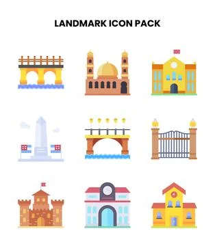 Landmark Flat Vector Icons Pack Stock Illustration