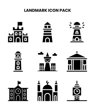 Landmark Glyph Vector Icons Pack Stock Illustration