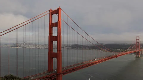 Landmark Iconic Golden Gate Bridge, Cars Traffic, San Francisco Bay Area Skyline Stock Footage 24808061
