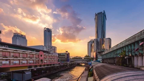Landmark of Thailand, Saen saep canal and boat carrying passengers in downtown Stock Footage 79405553