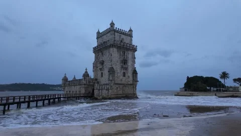 The landmark tower standing in the Tagus river. Stock Footage 327685924