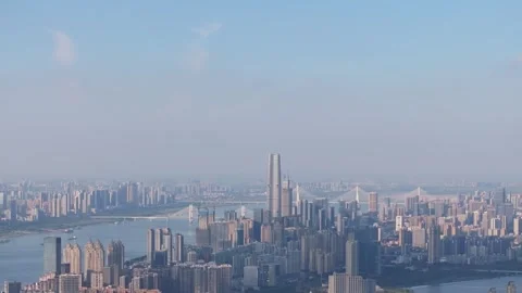 Landmark view of two rivers and four banks city in Wuhan, China Stock Footage 292508634