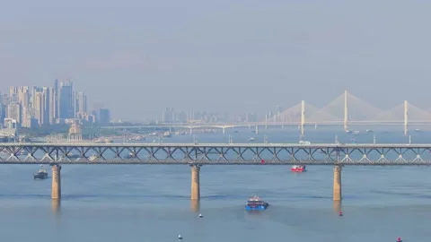 Landmark view of two rivers and four banks city in Wuhan, China Stock Footage 292508884