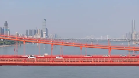 Landmark view of two rivers and four banks city in Wuhan, China Stock Footage 292508942