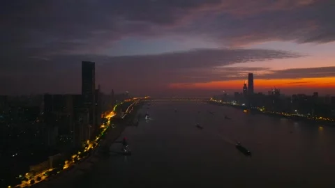 Landmark view of two rivers and four banks city in Wuhan, China Stock Footage 292509300
