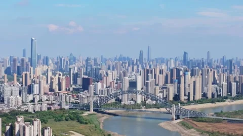 Landmark view of two rivers and four banks city in Wuhan, China Stock Footage 292509610