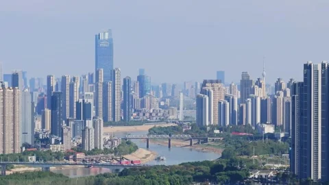 Landmark view of two rivers and four banks city in Wuhan, China Stock Footage 292509696