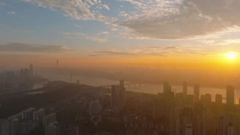 Landmark view of two rivers and four banks city in Wuhan, China Stock Footage 292510029