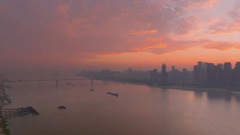 Landmark view of two rivers and four banks city in Wuhan, China Stock Footage 292510136