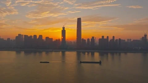 Landmark view of two rivers and four banks city in Wuhan, China Stock Footage 292510232