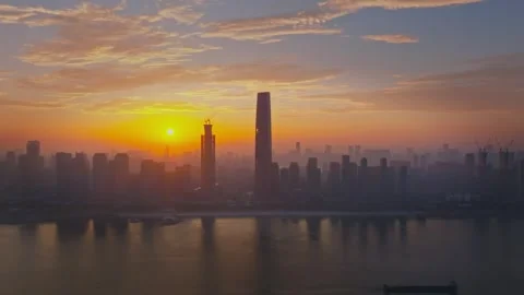 Landmark view of two rivers and four banks city in Wuhan, China Stock Footage 292510272