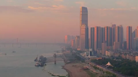 Landmark view of two rivers and four banks city in Wuhan, China Stock Footage 292510304