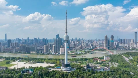 Landmark view of two rivers and four banks city in Wuhan, China Stock Footage 292510334