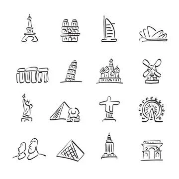 Landmarks icon set illustration vector hand drawn isolated on white Stock Illustration