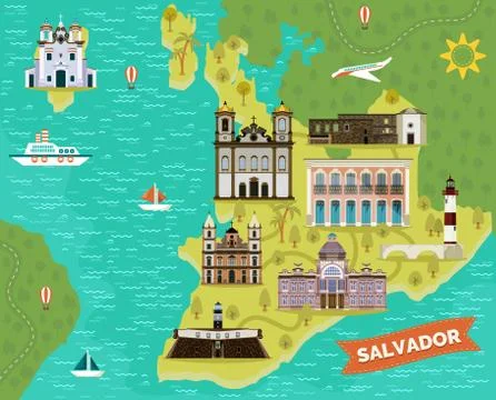 Landmarks, sightseeing places on map of Salvador Stock Illustration